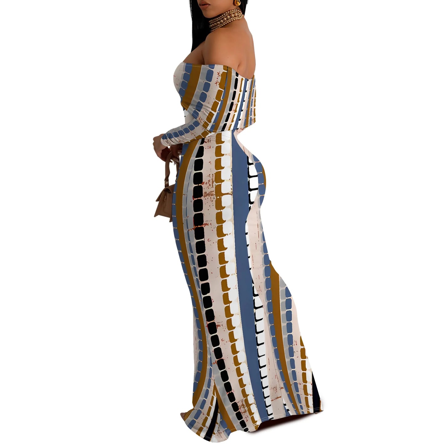 Yellow Floral Print Maxi Dress Off Shoulder Long Sleeve Elegant Bodycon Gown for Spring Picnic
