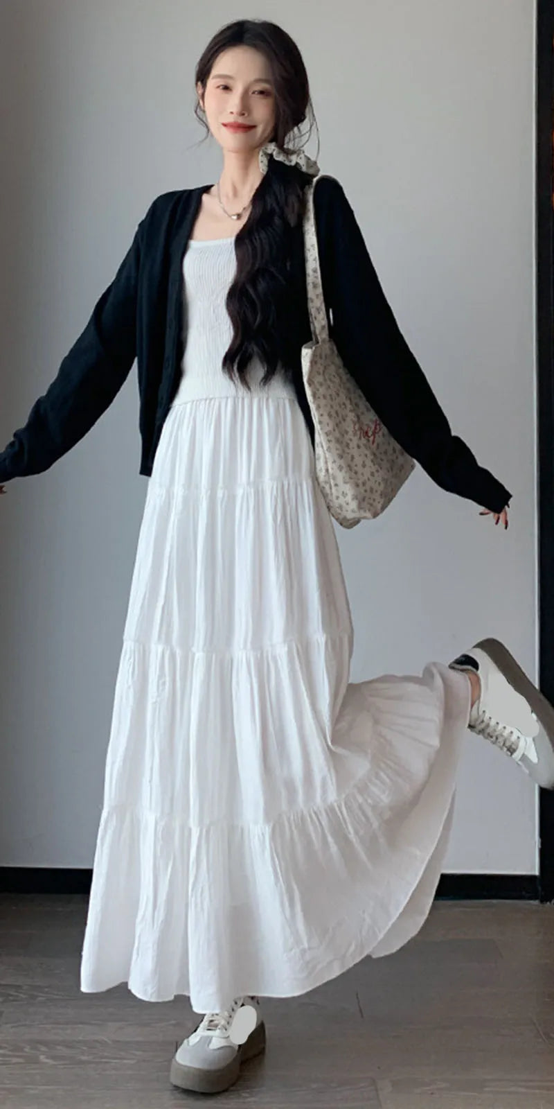 Spring Summer Women Long Skirts Fashion High Waist Elastic Patchwork A-Line Skirt Casual All-Match White Cake Maxi Skirts Female