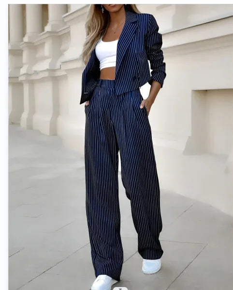 Two Piece Set Women Outfit Autumn Fashion Striped Notched Collar Long Sleeve Blazer Coat & Elegant Straight Leg Pants Set