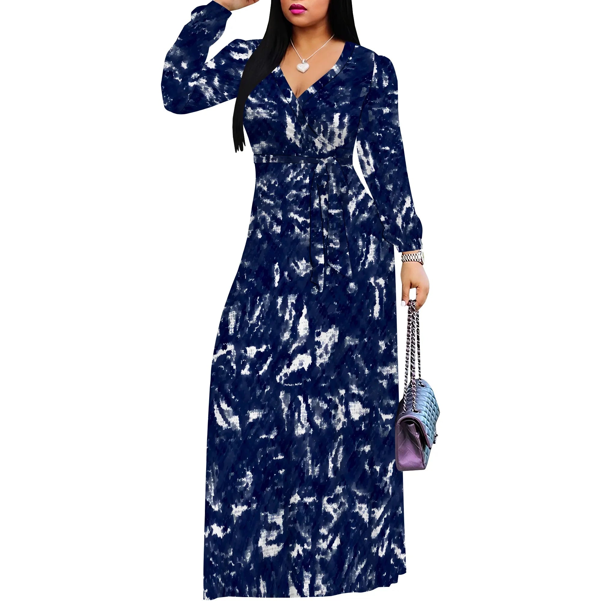 Tie-Dye V-Neck Long Sleeve Maxi Dress Women Casual Boho Fall Holiday Outfits