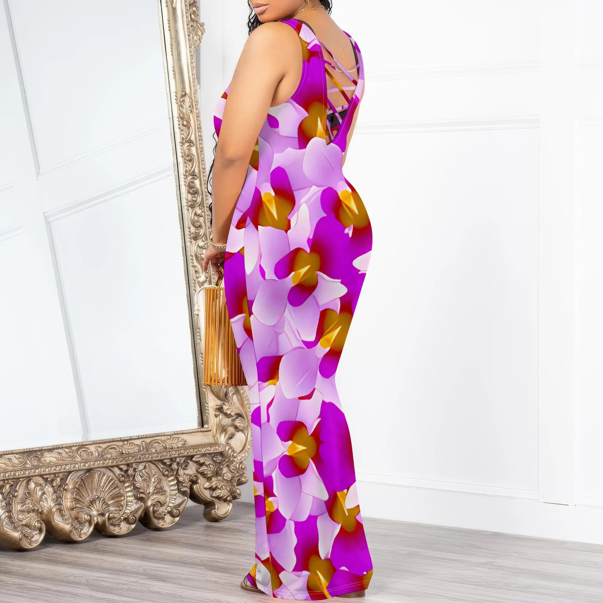 Summer Sleeveless Maxi Dress Women Floral Print Beach Sundress Elegant Pink Purple Bodycon Long Dress for Vacation