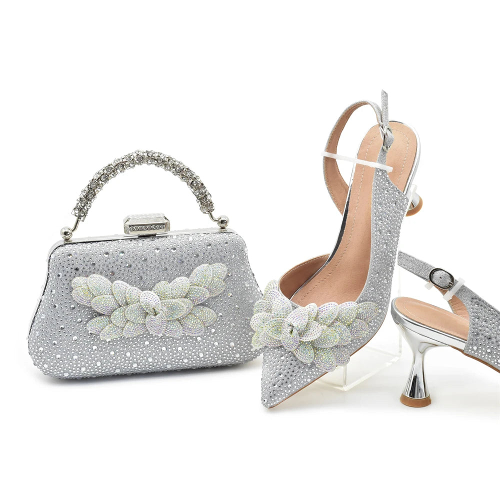 Women High Heel Pointed-Toe Italian Shoes and Bags Matching Set for Ladies Decorated With Rhinestone and Paired with Handmade Petal