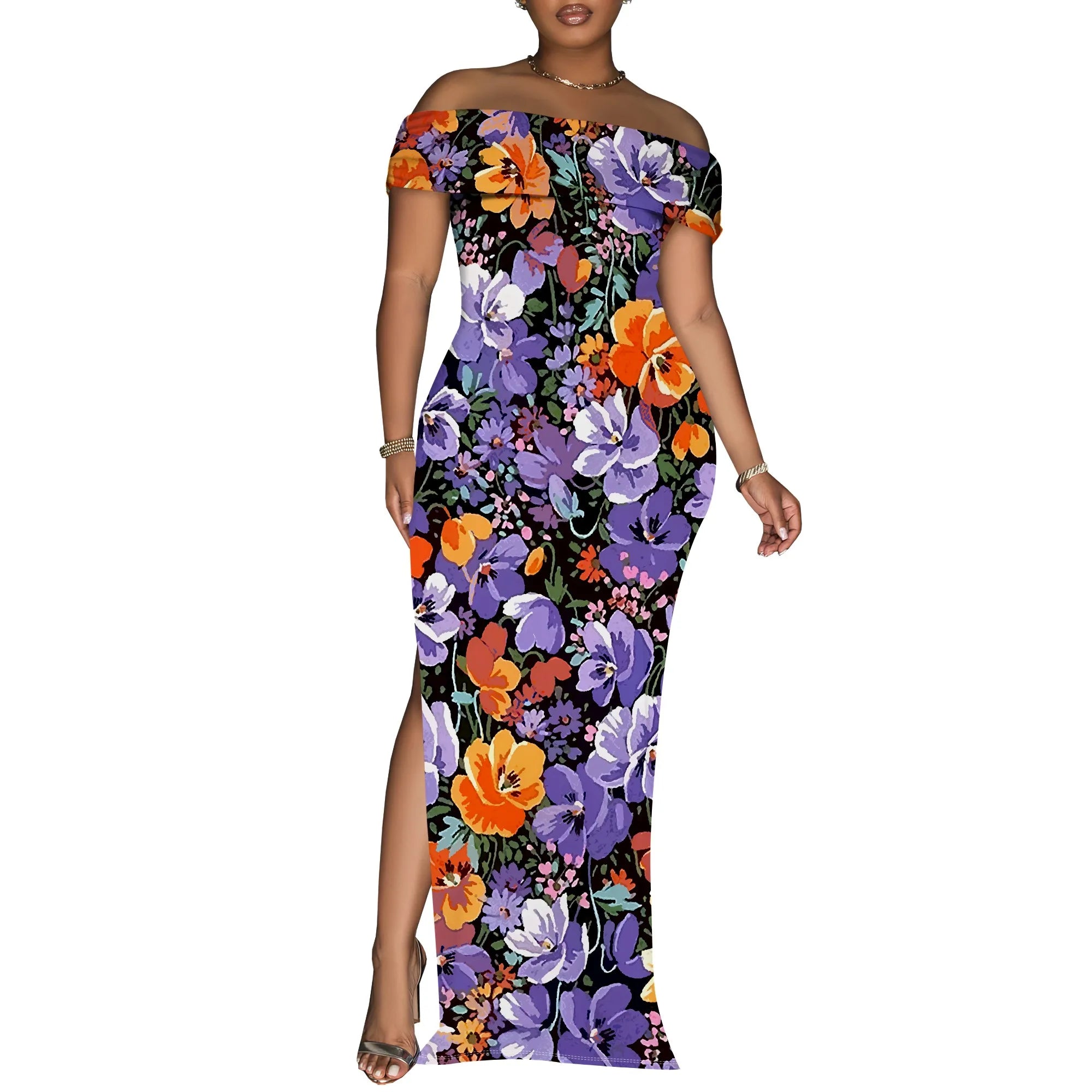 Off Shoulder Bodycon Maxi Dress for Women Floral Print Summer Elegant Party Dress Slim Fit Slit Gown