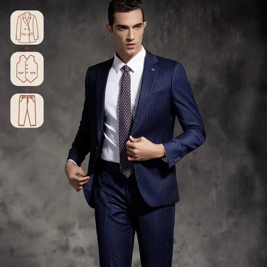 Men's Premium British Striped Suits, Business Formal Dress, Wedding, and Groom, Slim-Fit, Coat Vest & Pants -  Customized Sizes Available