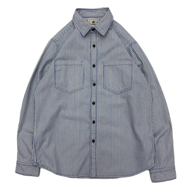 2025 Lente Nieuwe Japanse Retro Lange Mouw Revers Gestreepte Cargo Shirt Heren Amekaji 100% Katoen Gewassen Losse Dubbele Zakken Tops
