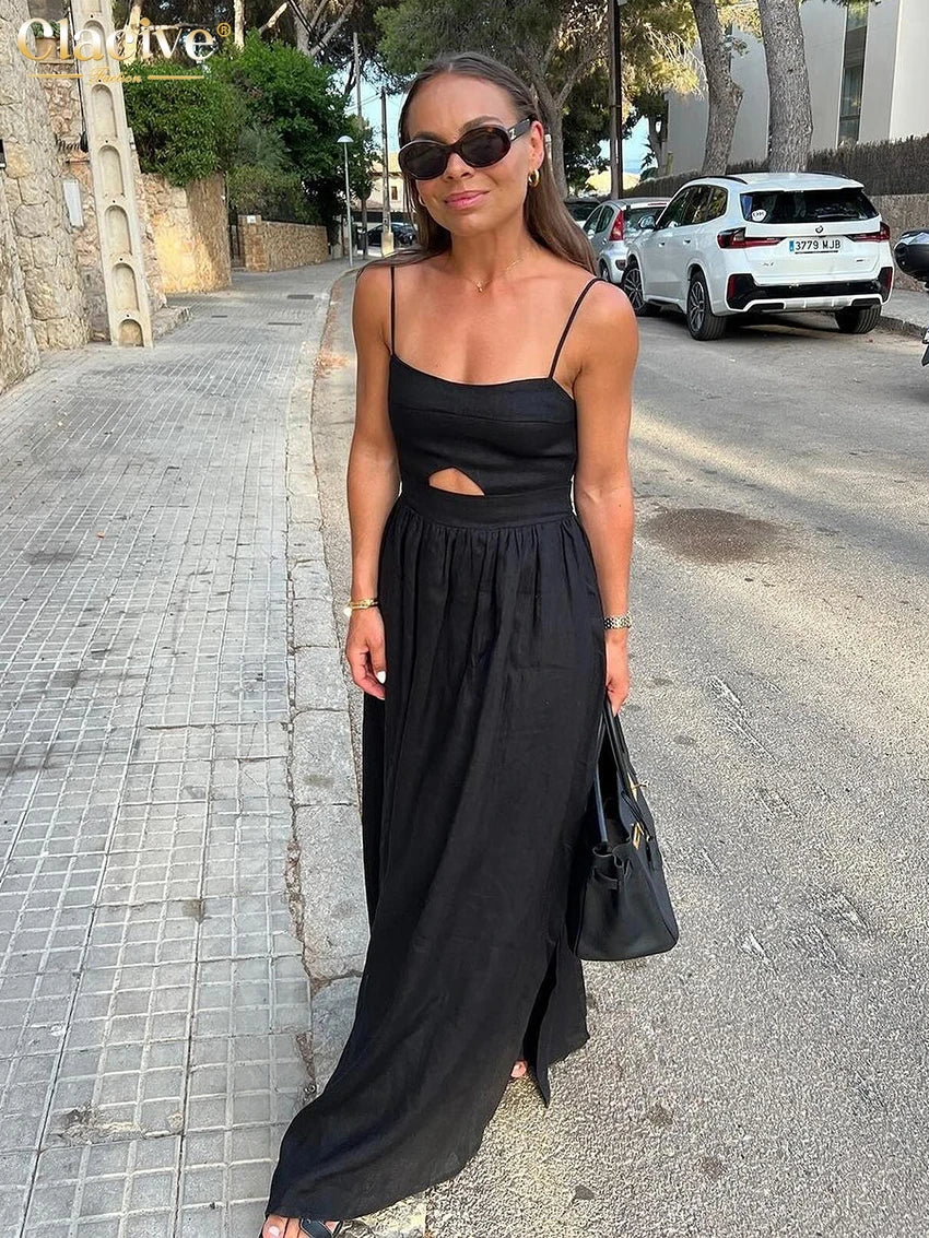 Sexy Loose Black Cotton Womens Dresses 2024 Summer Strap Sleeveless Ankle Length Dress Elegant Hollow Out Female Dress