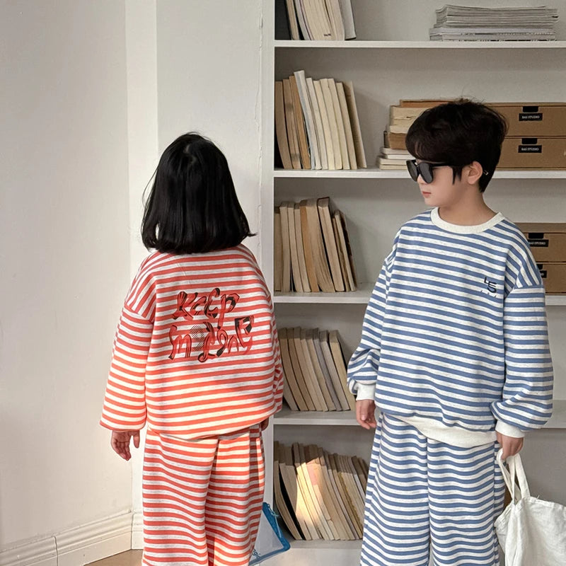 Spring Children's Clothes Boys' Tracksuit Kid's O-Neck Hoodie Set Girls' Korea Striped Letter Printed Sweatshirt 2Pcs Suit 4-6Y Unisex