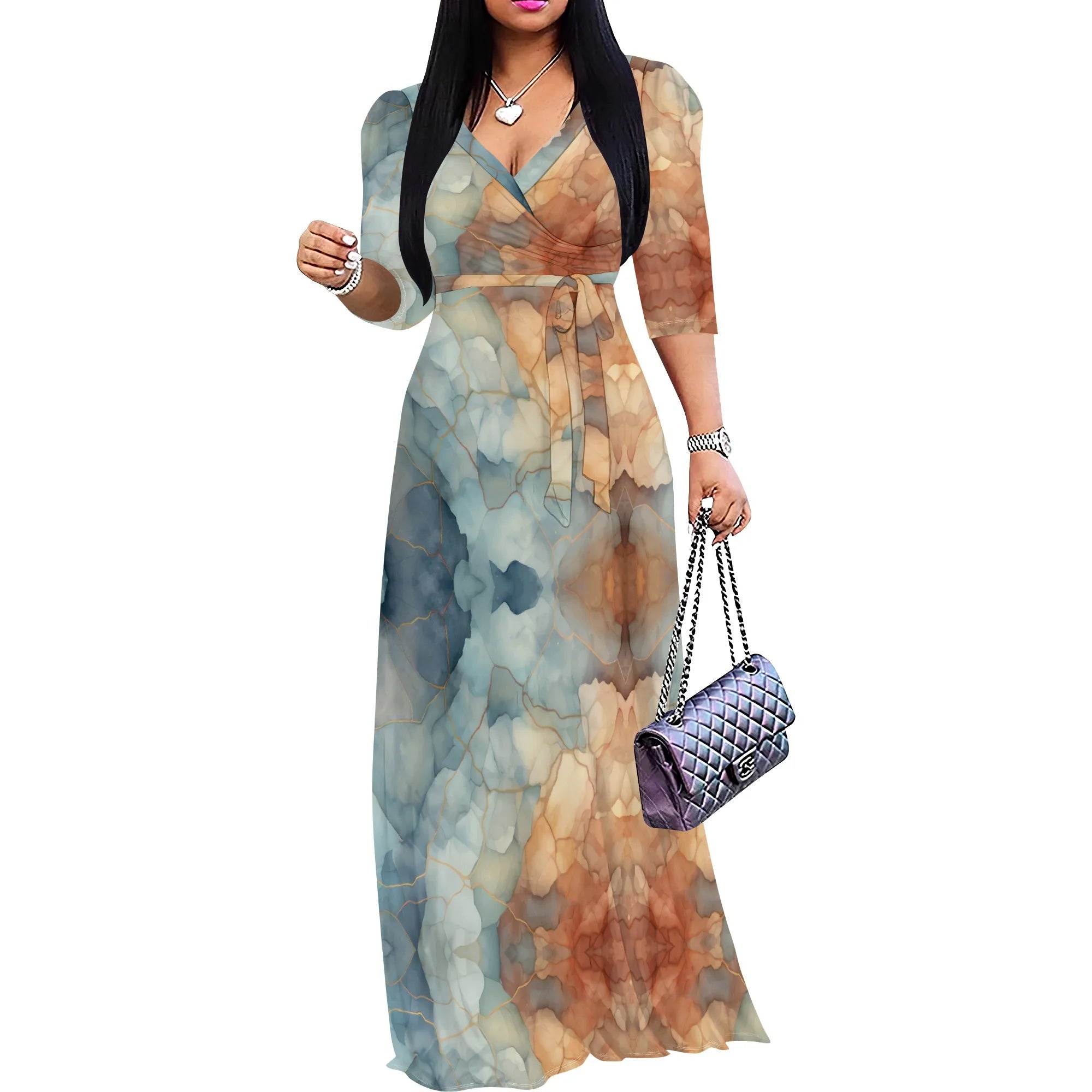 Women's V Neck Wrap Maxi Dress Casual 3/4 Sleeve Bodycon Dress Summer Dress with Belt