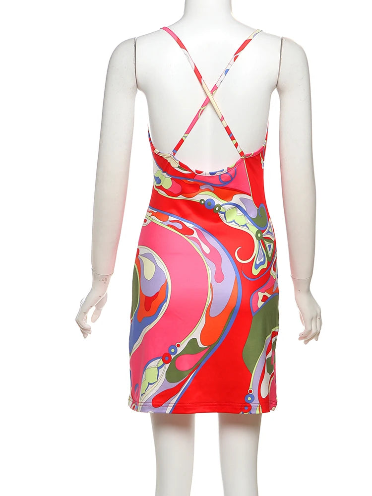 Women's Y2K Backless Dress Sleeveless Colorful Print Tight Mini Summer Sexy Clubwear High Stretch Polyester Spandex