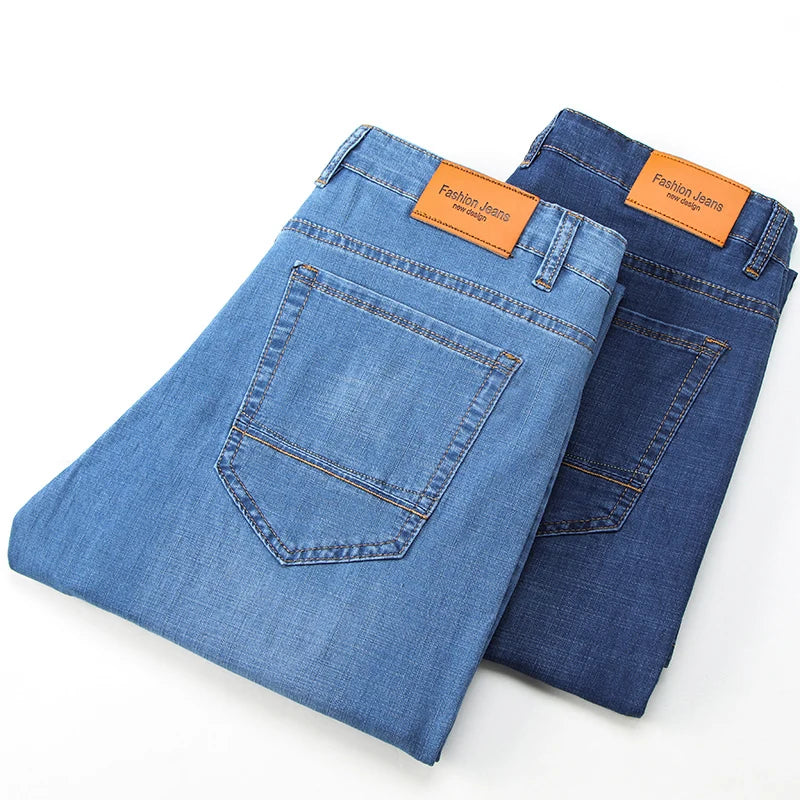 2025 Dunne of dikke stoffen kantoor- en zakenjeans voor heren, klassiek blauw, zwart, katoenen stretch, rechte denimbroek, herenmerkbroeken