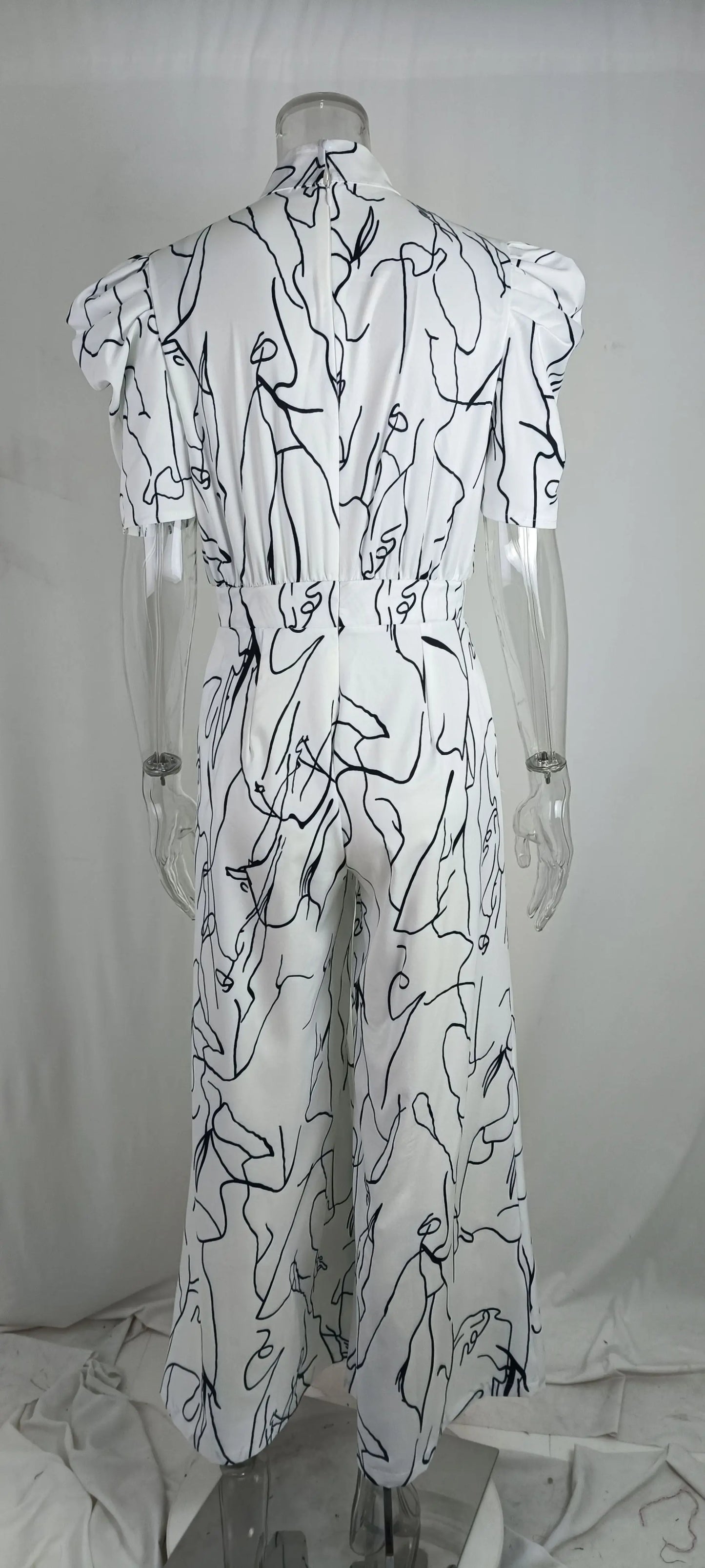 Women Jumpsuit Loose Fashion Elegant Long Pants Short Sleeve Halterneck Art Print Sets High Streetwear