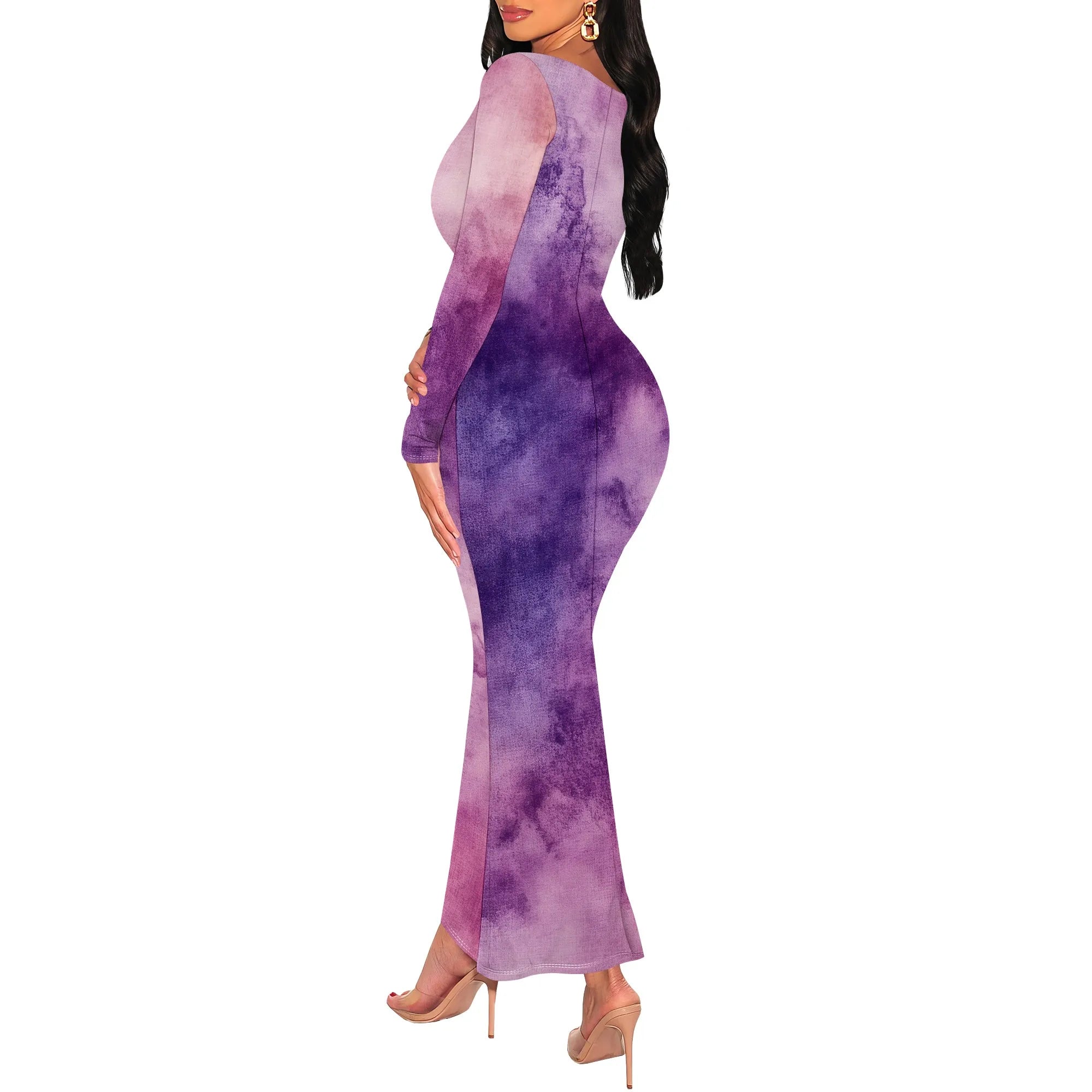 Women's Fall Trendy Dress Tie Dye Crew Neck Long Sleeve Bodycon Maxi Dress Casual Long Dresses