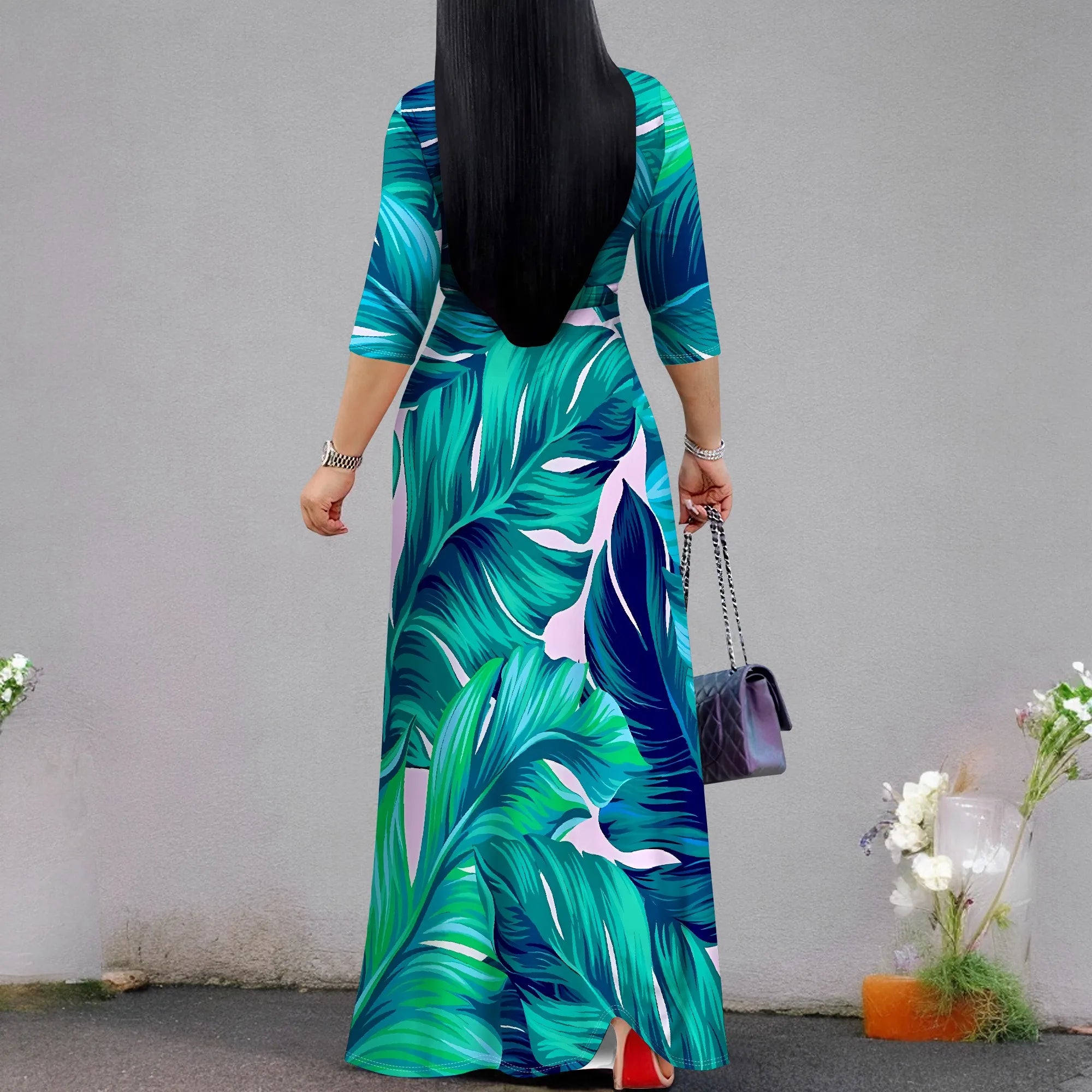 Vacation V-Neck Wrap Dress - Adjustable Tie Waist Floral Midi Dress, Tropical Resort Wear for Women