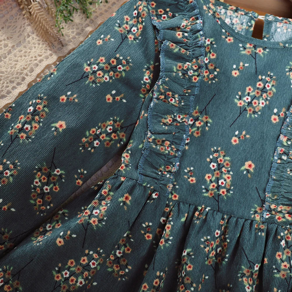 New Autumn Kids Dress 3-7T Girls Sweet Printing Floral Clothes Children Long Sleeved Thin Style Princess Dress