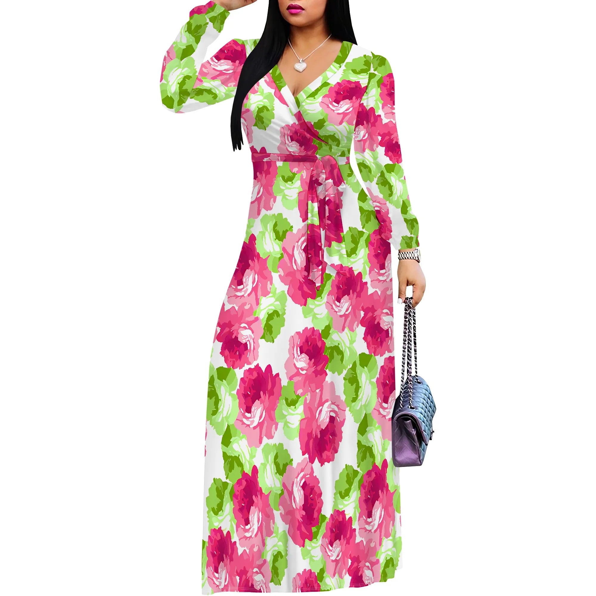 Pink Floral V-Neck Long Sleeve Maxi Dress Women Spring Summer Garden Style