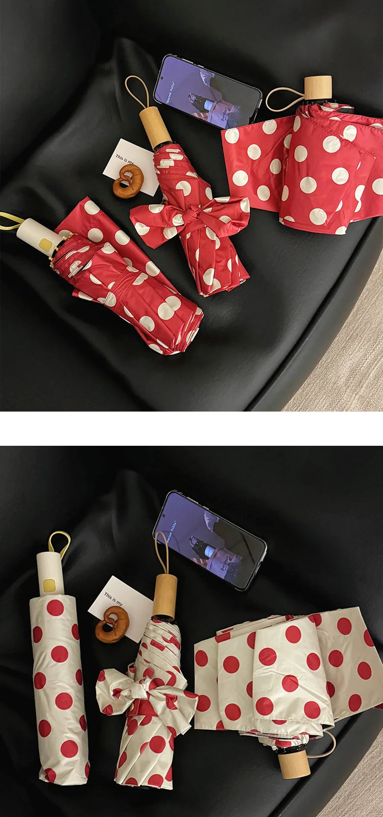 Large Polka Dots AutoOpen/Close Women’s Retro Aesthetic 2-in-1 Umbrella - UPF 50+ Protection 3-Fold Compact, Windproof & Stylish