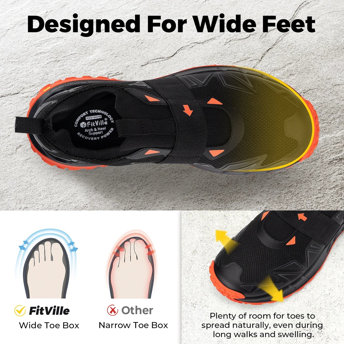 Men's Widened Hiking Walking Shoes Slip-On Comfortable Orthopaedic With Arch Support Non-Slip Sports Shoes For Travel