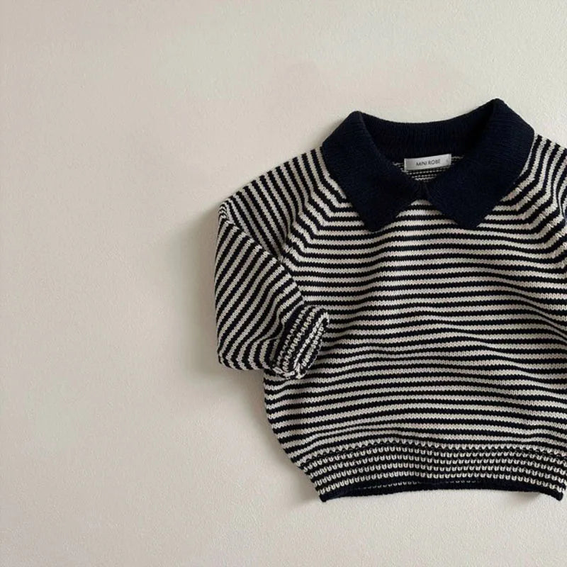 Baby Children's Sweater Turn Down Collar Kids Clothes Classic Striped Boys Jacket Sweaters Girls Knit Pullover 1-6Y Unisex