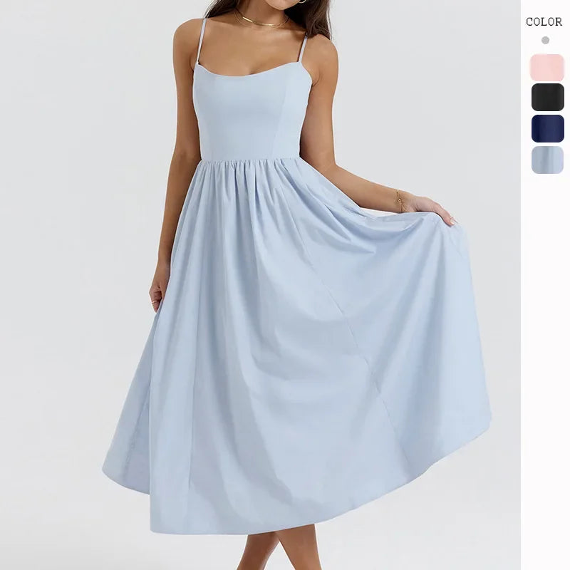 Chic Elegant Party Dresses for Women Solid Spaghetti Strap Sleeveless Long Dress Holiday Beach Sundress Robe Femme Été