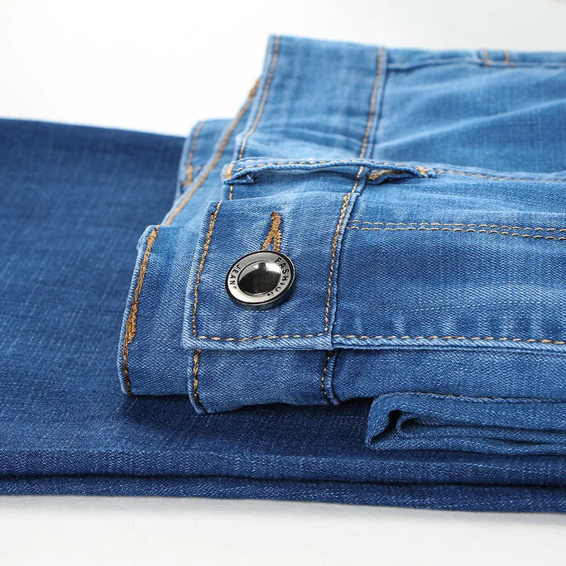 2025 Dunne of dikke stoffen kantoor- en zakenjeans voor heren, klassiek blauw, zwart, katoenen stretch, rechte denimbroek, herenmerkbroeken