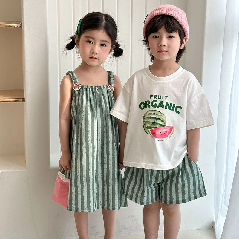 Children's Summer Clothes 2PCs Set Boys' Pure Cotton Striped Tee and Shorts Suit Cute Girls Suspenders Dress Siblings' Outfit Unisex