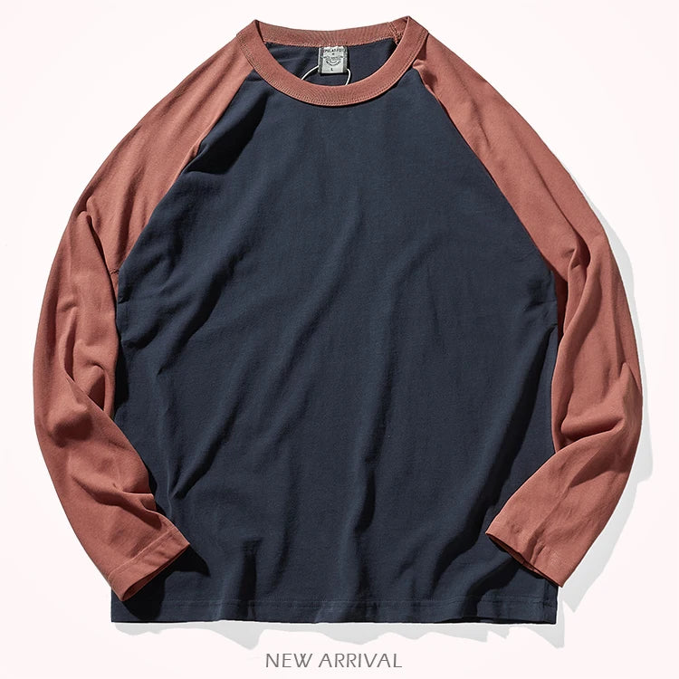 Autumn New American Retro Long Sleeve O-neck Contrast Splicing T-shirt Men's Fashion 100% Cotton Washed Old Casual Sport Tops