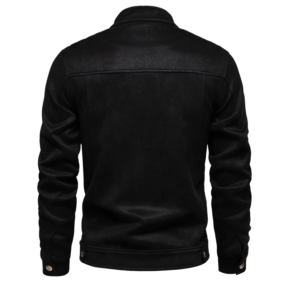 Men's Stand Collar Zip Suede Jacket Fashion Casual Business Faux Leather Trucker Jackets Coat for Men