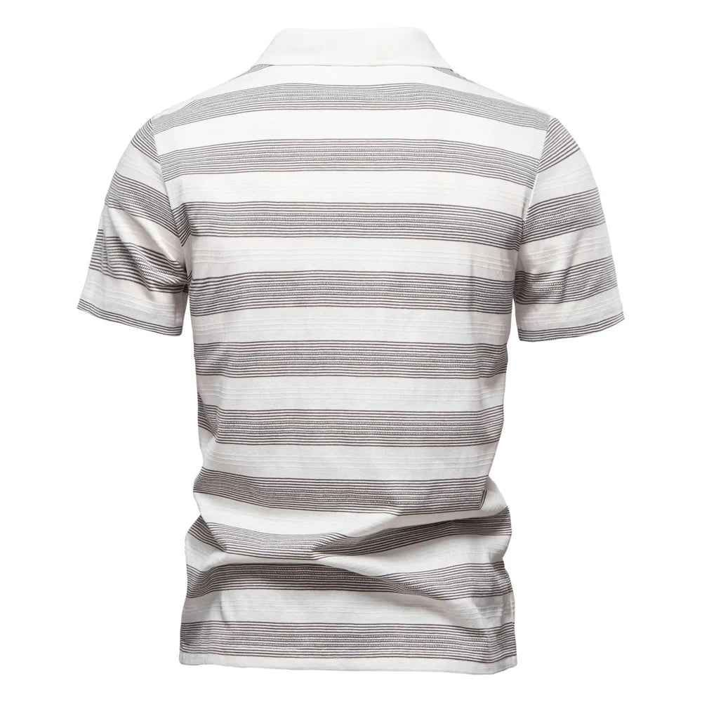 2025 New Summer Striped V Neck Cotton Polo Shirts for Men Breathable Short Sleeve Casual Knit Shirts Comfort Fit