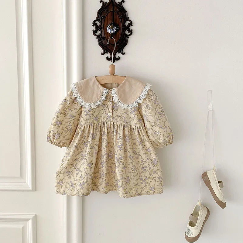 New Spring Girls Floral Dress Kids Cute Lace Doll Collar Princess Dress Children Sweet Flower Clothes For Kids 1-3Y Girls
