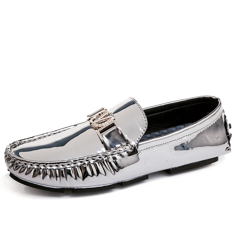 New Cool Male Formal Dress Shoes Silver Casual Moccasin Shoes for Men Large Size 38-48 Youth Fashion Popular Driving Loafers