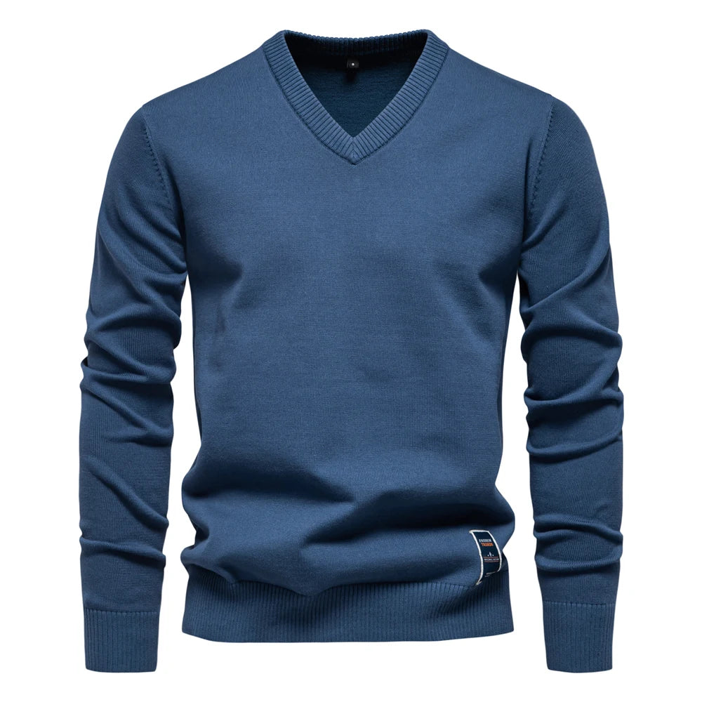 Men's V-neck Solid Cotton Pullover Sweaters Long Sleeve Casual Social Knitted Sweaters for Men