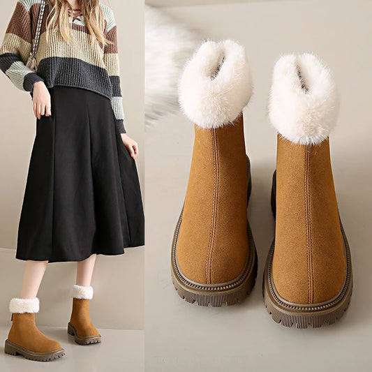 Women's Winter Boots 2024 New Fashion Velvet Lined Solid Color Ankle Square Heel Round Toe Outdoor Snow Boots Thick Soles Zipper