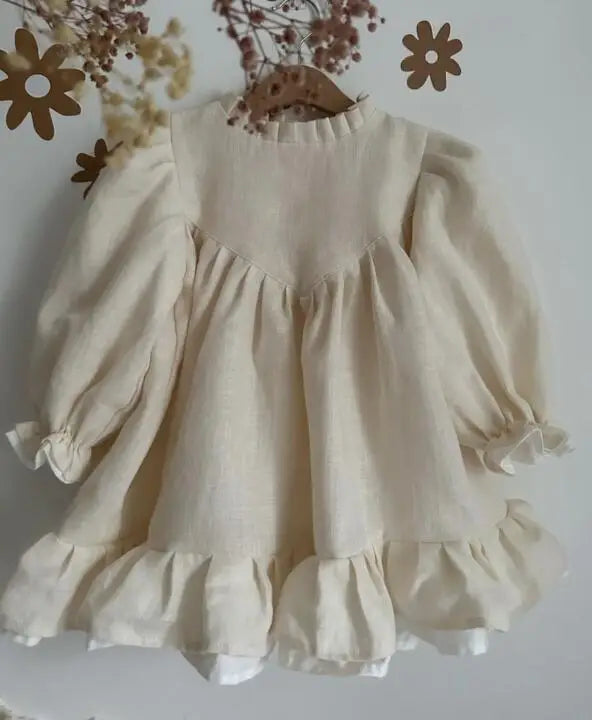 Spring Toddler Big A-line Girls Dress Linen Dress for Children Puff Sleeve Princess Kids Clothes Patchwork Dresses 2-7Y Girls