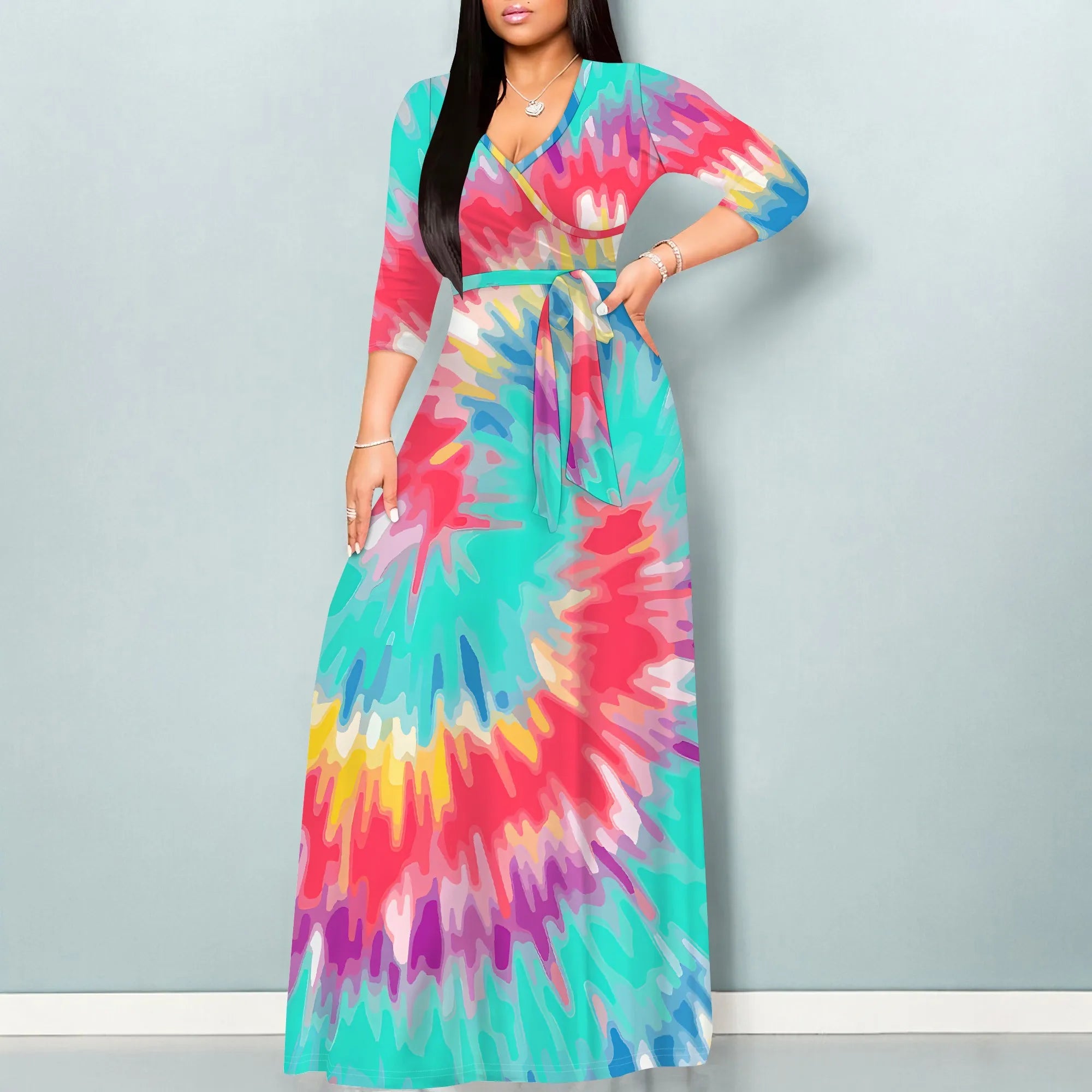 Colorful Tie-Dye V-Neck 3/4 Sleeve Wrap Maxi Dress with Belt - Women's Bold Bohemian Party Evening Resortwear