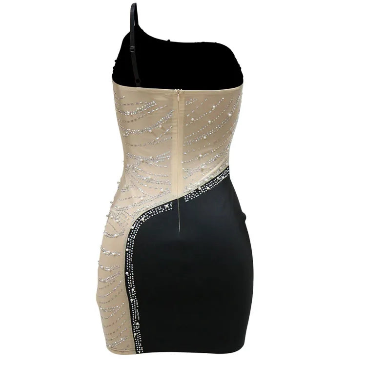 One Shoulder Mesh Rhinestone Inlaid Sleevless Backless Zipper Slim Night Club Dress