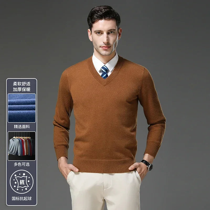 Men's Warm V-Neck Solid Colour Sweater, Autumn & Winter Stretch Top, Daily Leisure Pullover Knitwear, Male Business Casual