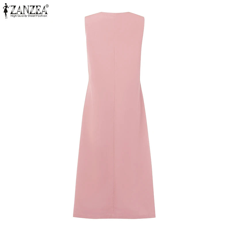 2025 Women Summer Sundress Elegant Work OL Midi Dresses V Neck Sleeveless Solid Dress Fashion Buttons Down Robe Plus Size