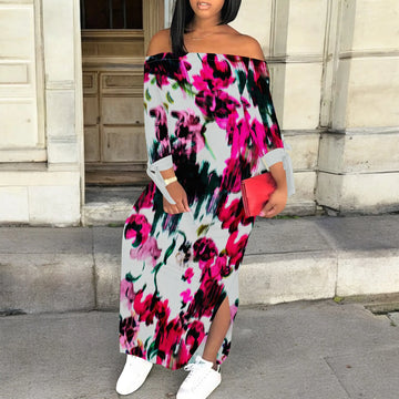 Women's Floral Off Shoulder Maxi Dress 3/4 Sleeve Multicolor Blue Slit Party Evening