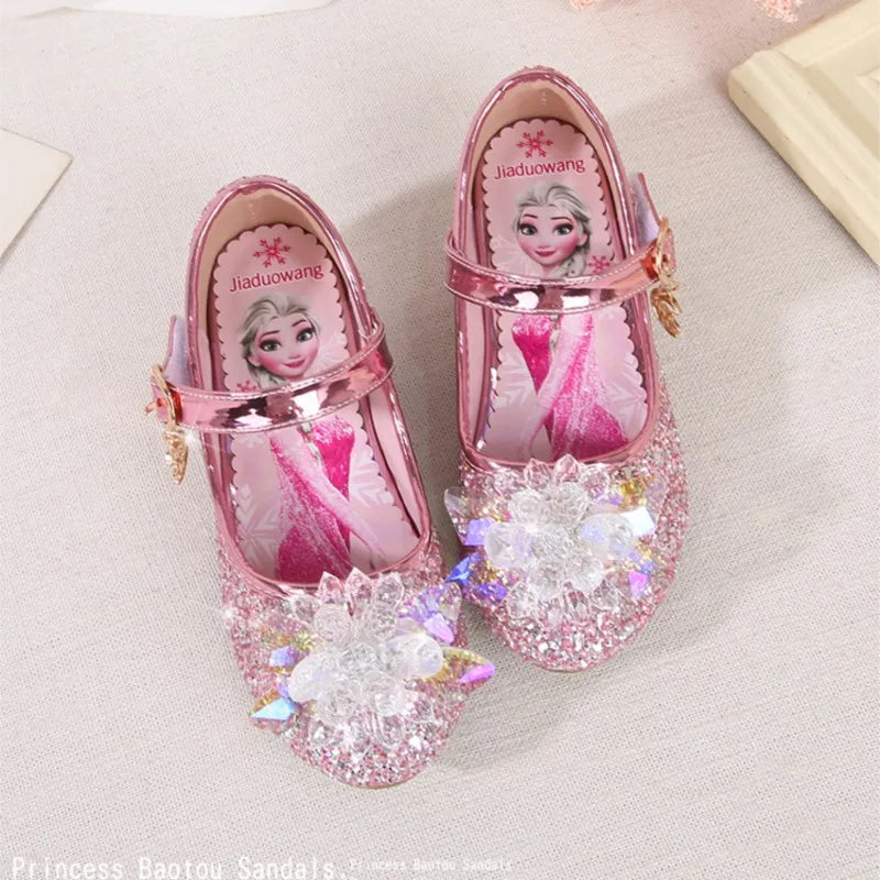 Frozen Elsa Princess Meisjes Leren Kristallen Schoenen Glitter Casual Hoge Hakken Meisjes Sandalen Roze Blauw Zilver Elsa Schoenen