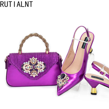 African Matching Shoes and Bags Set Decorated with Rhinestone for Ladies' Party