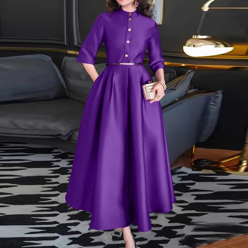 Elegant Women Party Maxi Dresses 2025 Autumn Fashion Stand Collar 3/4 Sleeve Half-Button Fitted Waist A-Line Robes Femme