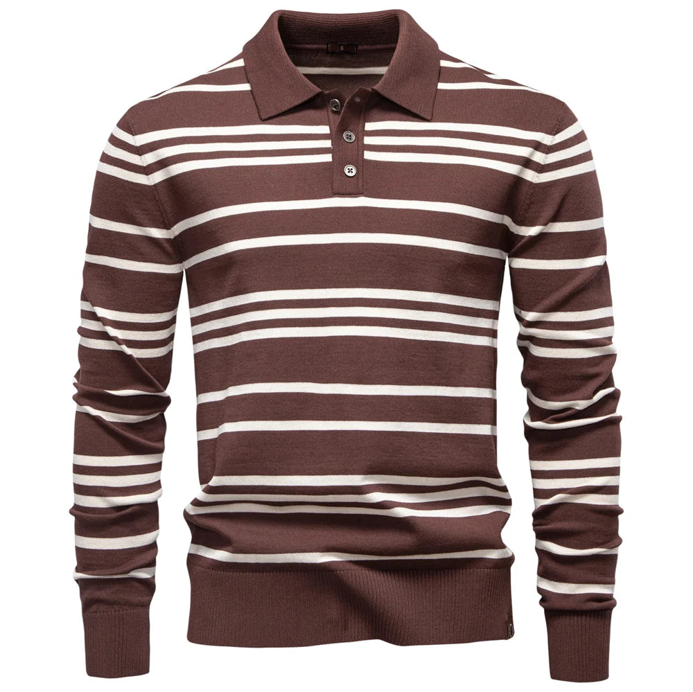 Men's Colour Block Striped Long Sleeve Polo Shirt For Autumn - Designer Business Premium T-shirts