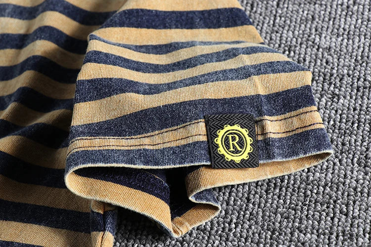Summer New Japanese Retro Short Sleeve Striped T-shirt Men's Fashion 100% Cotton Slim Simple Round Neck Washed Old Casual Tops