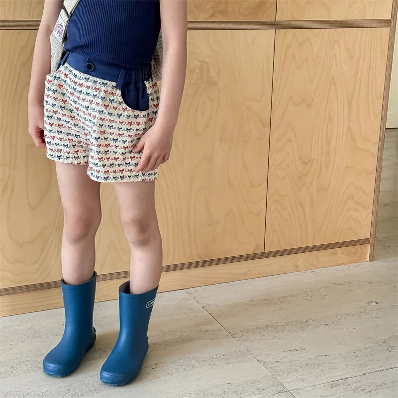 2025 Zomer Nieuwe Baby Meisjes Strik Print Shorts Katoenen Kinderen Losse Shorts Kinderen Veelzijdige Casual Broek Ademende Peuterkleding 4-6Y