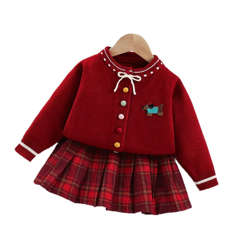 New Autumn Kids Sweater Set Cute Colourful Buttons Girls Knitted Shirt + Checked Skirt Children Sweet Thin Outfit 9M-5T Girls
