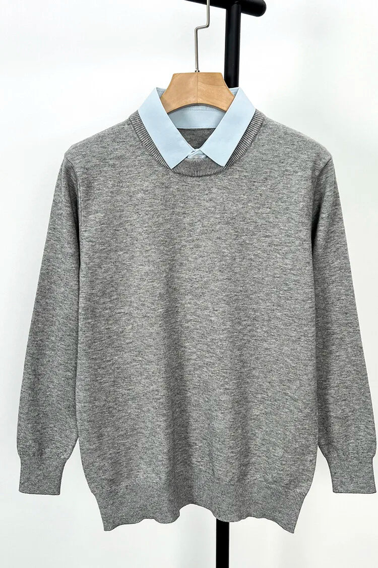 Unisex Knit Sweater Dark Navy False Two-Piece Design Thickened Layered Look With Built-in Collar Soft Touch & Warm Sweater For Men & Women