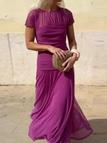 Women Summer Round Neck Loungewear Dress, See Through Solid Mesh Patchwork Elegant Maxi Dress, Short Sleeve Casual Ladies Dress