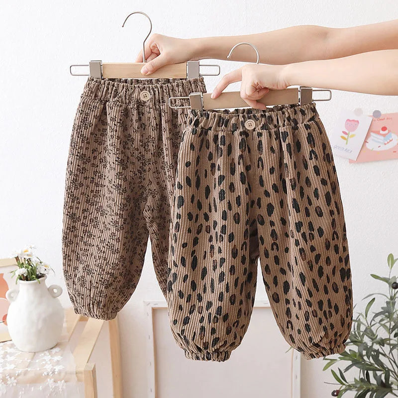 Nieuwe herfst meisjes jongens casual broek luipaardprint kinderen corduroy broek losse Koreaanse versie mode kinderbroeken 1-8T unisex