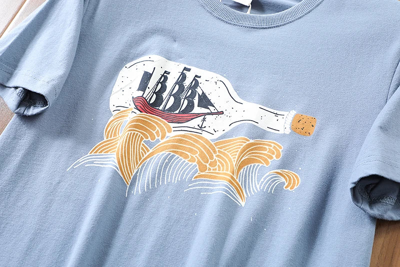 2025 Summer New American Retro 250g Short Sleeve O-neck Printed T-shirt Men's Fashion 100% Cotton Washed Casual Loose Tops