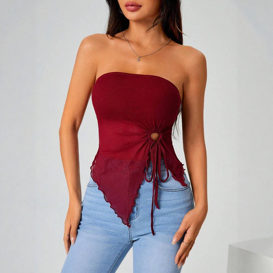 Women's Tanks Summer French Trendy Plain Cut Out Asymmetrical Hem Sleeveless Off Shoulder Tube Milkmaid Tanks